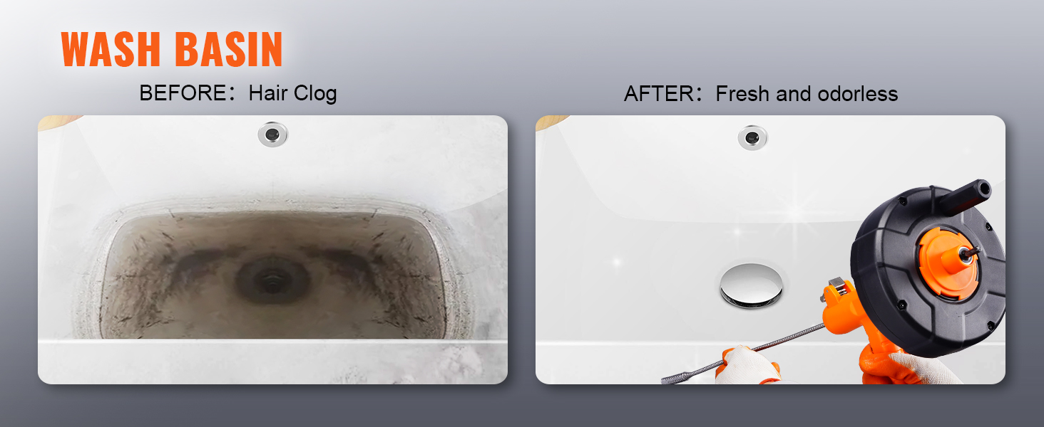 VEVOR drain auger clearing hair clog from wash basin, before and after comparison, fresh and odorless.
