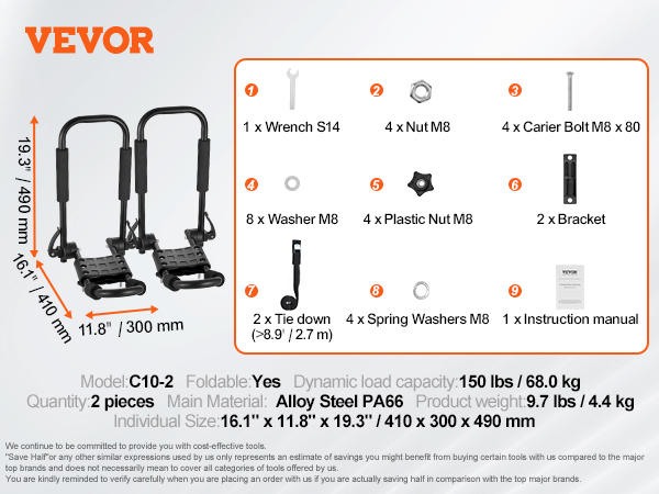 VEVOR kayak roof rack with detailed product specifications including load capacity, weight, and accessories.