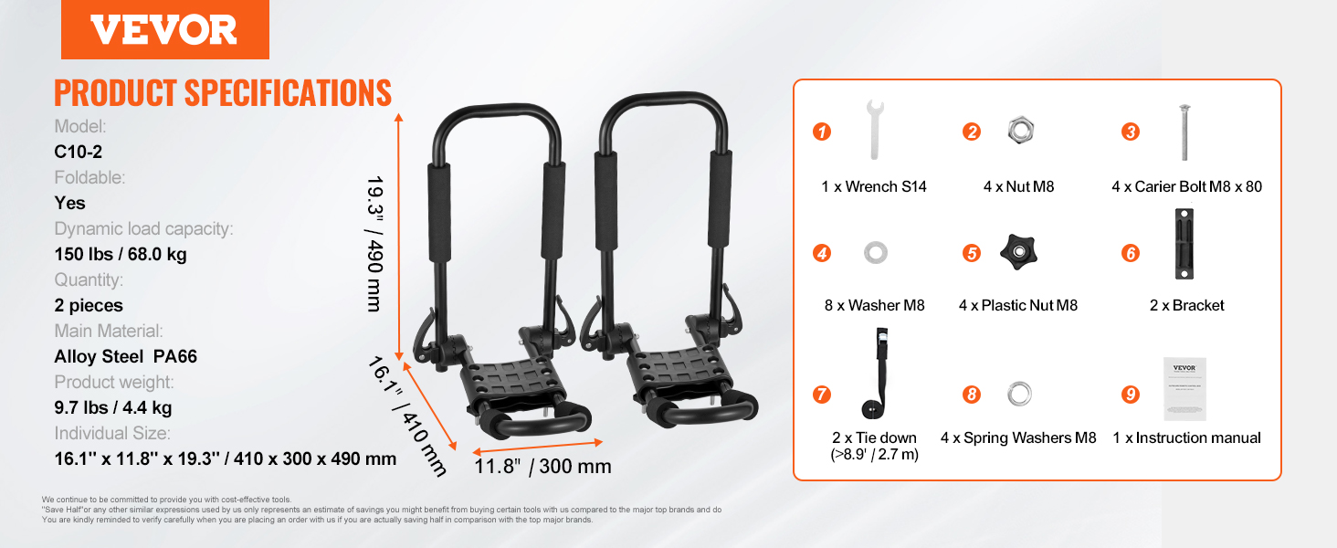 VEVOR kayak roof rack with detailed product specifications including load capacity, weight, and accessories.