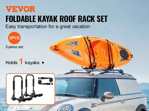 VEVOR foldable kayak roof rack set on car, easy transport for vacation, 2-piece set holds 1 kayak.