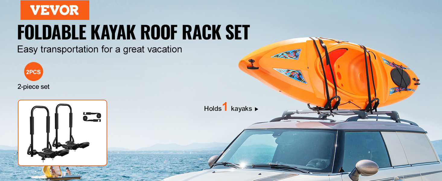 VEVOR foldable kayak roof rack set on car, easy transport for vacation, 2-piece set holds 1 kayak.