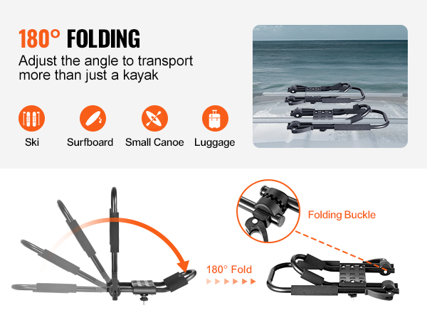 VEVOR kayak roof rack, 180-degree folding, adjustable for skis, surfboards, small canoes, and luggage.