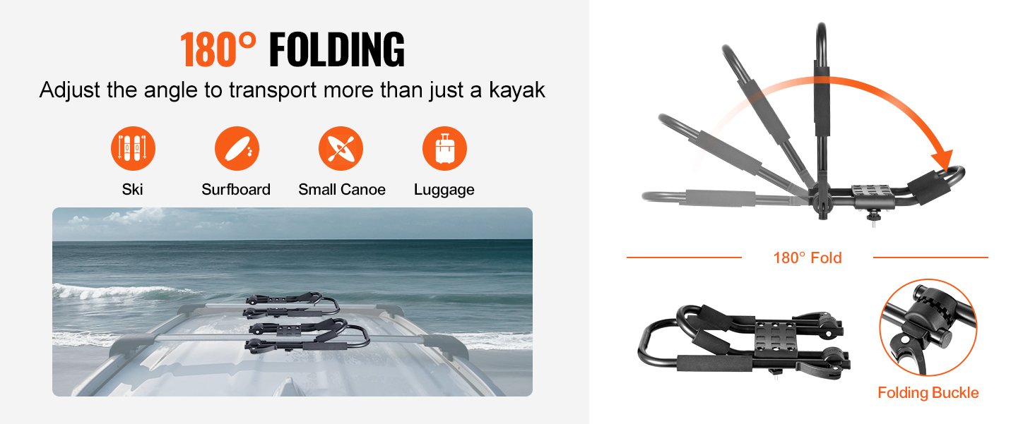 VEVOR kayak roof rack, 180-degree folding, adjustable for skis, surfboards, small canoes, and luggage.