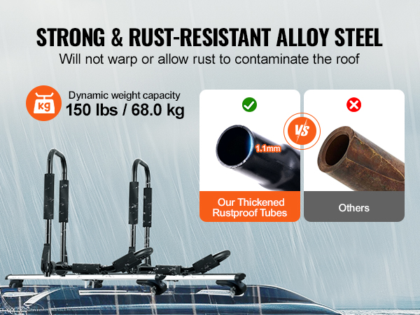 VEVOR kayak roof rack with strong, rust-resistant alloy steel and 150 lbs dynamic weight capacity.