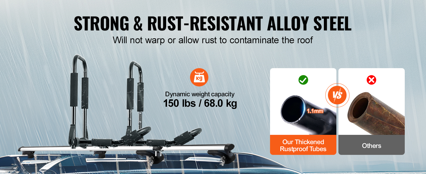 VEVOR kayak roof rack with strong, rust-resistant alloy steel and 150 lbs dynamic weight capacity.