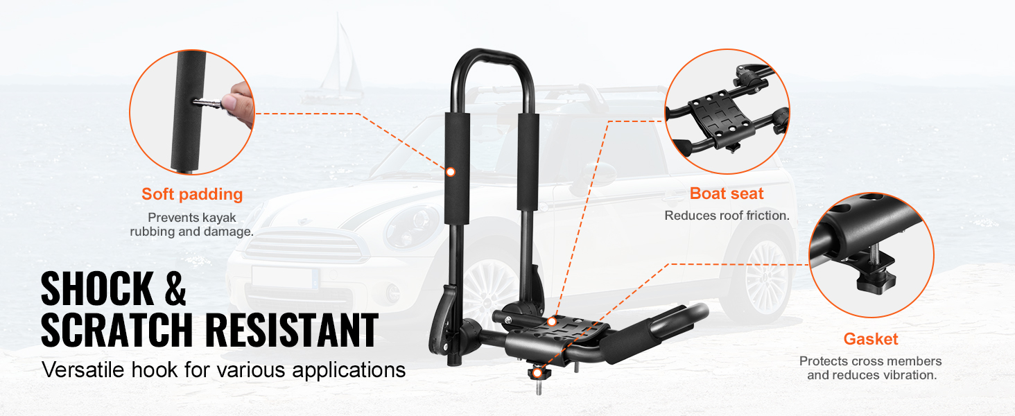 VEVOR kayak roof rack with soft padding, boat seat, and gasket for shock and scratch resistance.