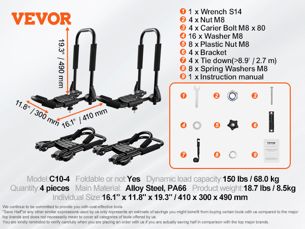 VEVOR kayak roof rack with detailed specifications and assembly parts layout. holds up to 150 lbs.