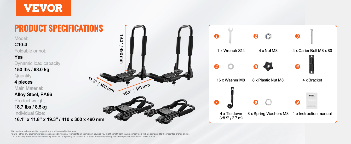 VEVOR kayak roof rack with detailed specifications and assembly parts layout. holds up to 150 lbs.