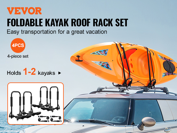VEVOR kayak roof rack set for easy transportation, holding 1-2 kayaks on a car rooftop. 4-piece set.