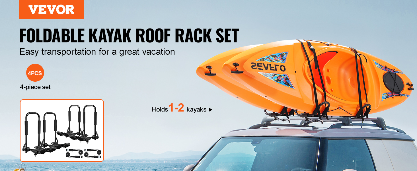 VEVOR kayak roof rack set for easy transportation, holding 1-2 kayaks on a car rooftop. 4-piece set.
