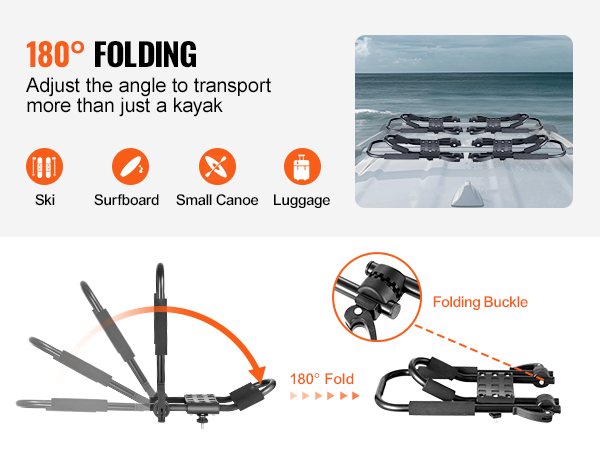 VEVOR kayak roof rack: 180° folding design for transporting skis, surfboards, small canoes, and luggage.
