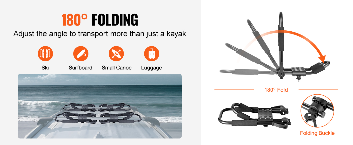 VEVOR kayak roof rack: 180° folding design for transporting skis, surfboards, small canoes, and luggage.