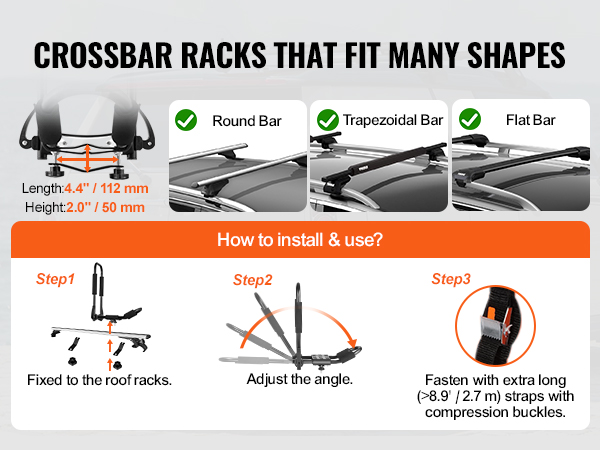 VEVOR kayak roof rack installation guide for round, trapezoidal, and flat bars with dimensions.