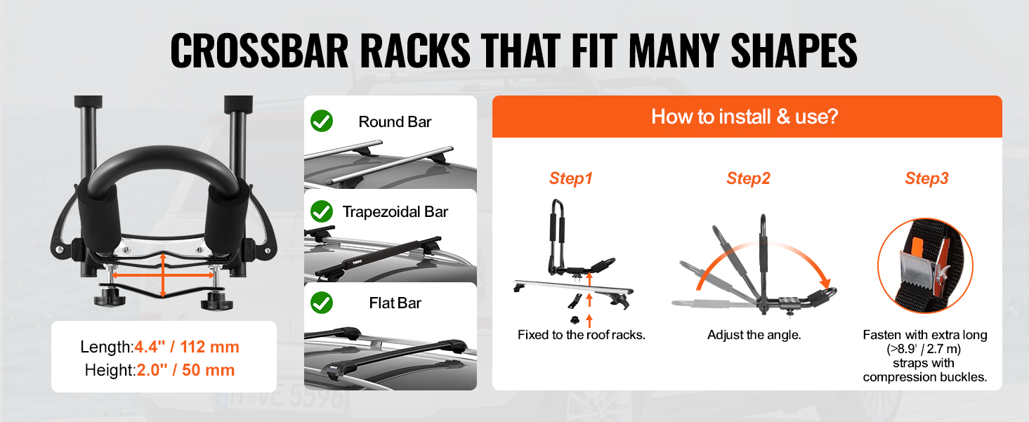 VEVOR kayak roof rack installation guide for round, trapezoidal, and flat bars with dimensions.