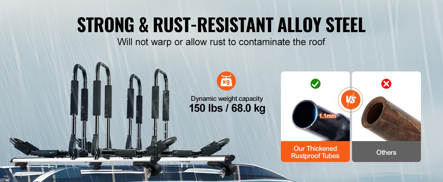 strong and rust-resistant alloy steel VEVOR kayak roof rack with 150 lbs/68.0 kg capacity, rustproof tubes.