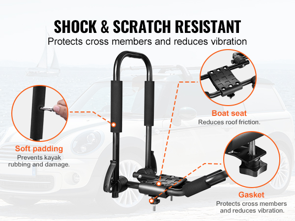 shock and scratch resistant VEVOR kayak roof rack with soft padding, boat seat, and gasket features.