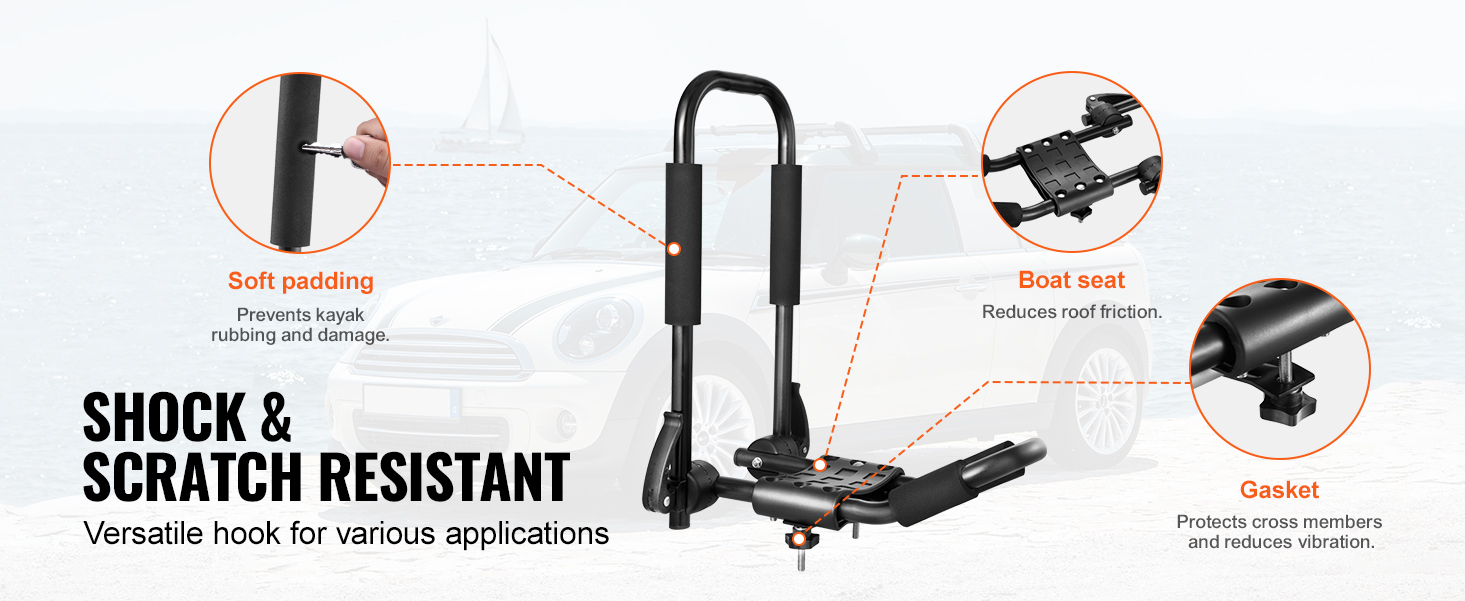 shock and scratch resistant VEVOR kayak roof rack with soft padding, boat seat, and gasket features.