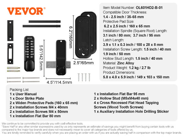 VEVOR mechanical keyless entry door lock, dimensions, screws, and installation details.