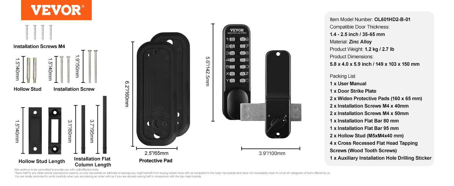 VEVOR mechanical keyless entry door lock, dimensions, screws, and installation details.