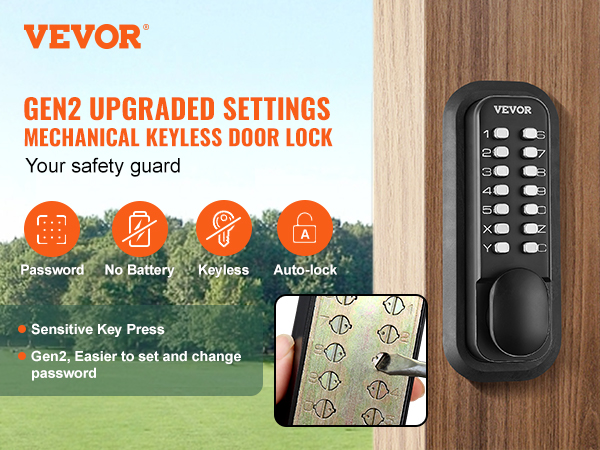 VEVOR mechanical keyless entry door lock, gen2 with sensitive key press and auto-lock features.