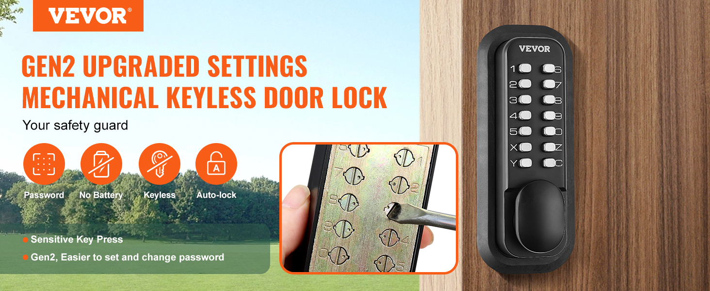 VEVOR mechanical keyless entry door lock, gen2 with sensitive key press and auto-lock features.