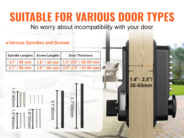 VEVOR mechanical keyless entry door lock, suitable for various door types, showing spindle and screw lengths.