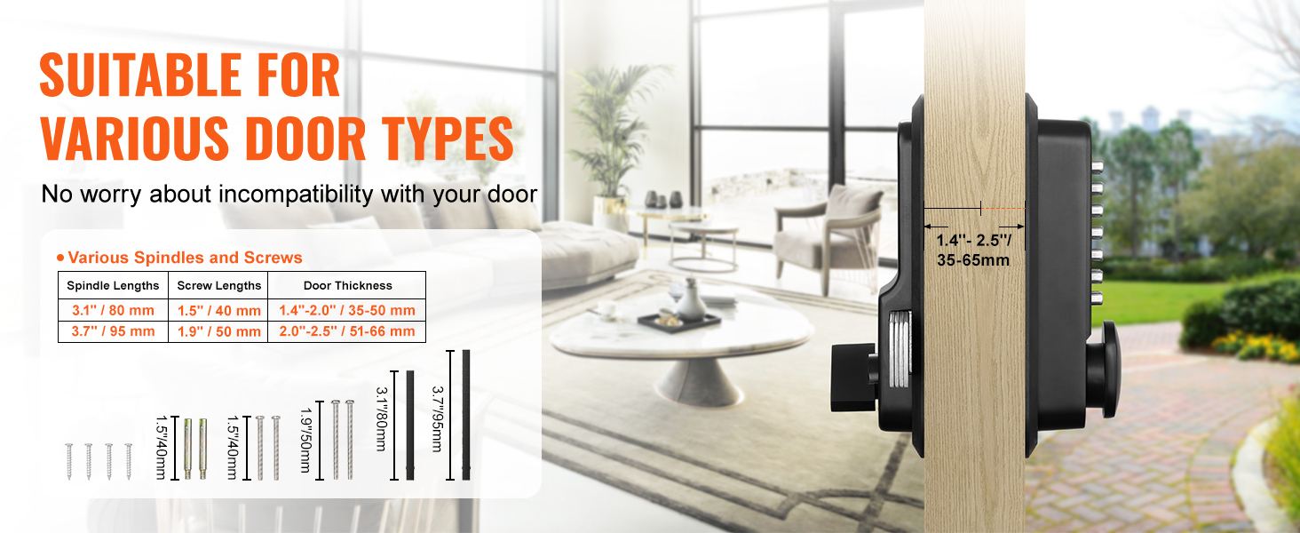 VEVOR mechanical keyless entry door lock, suitable for various door types, showing spindle and screw lengths.