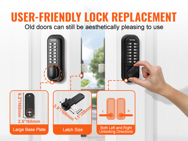 user operating VEVOR mechanical keyless entry door lock with large base plate and latch size details.