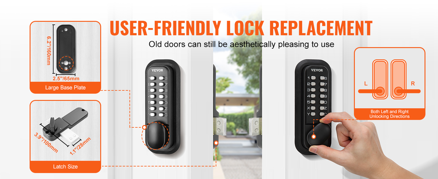 user operating VEVOR mechanical keyless entry door lock with large base plate and latch size details.