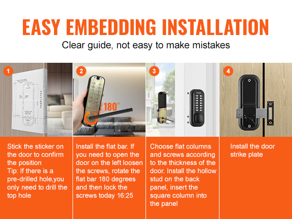 easy installation steps for VEVOR mechanical keyless entry door lock with template, screws, flat bar.