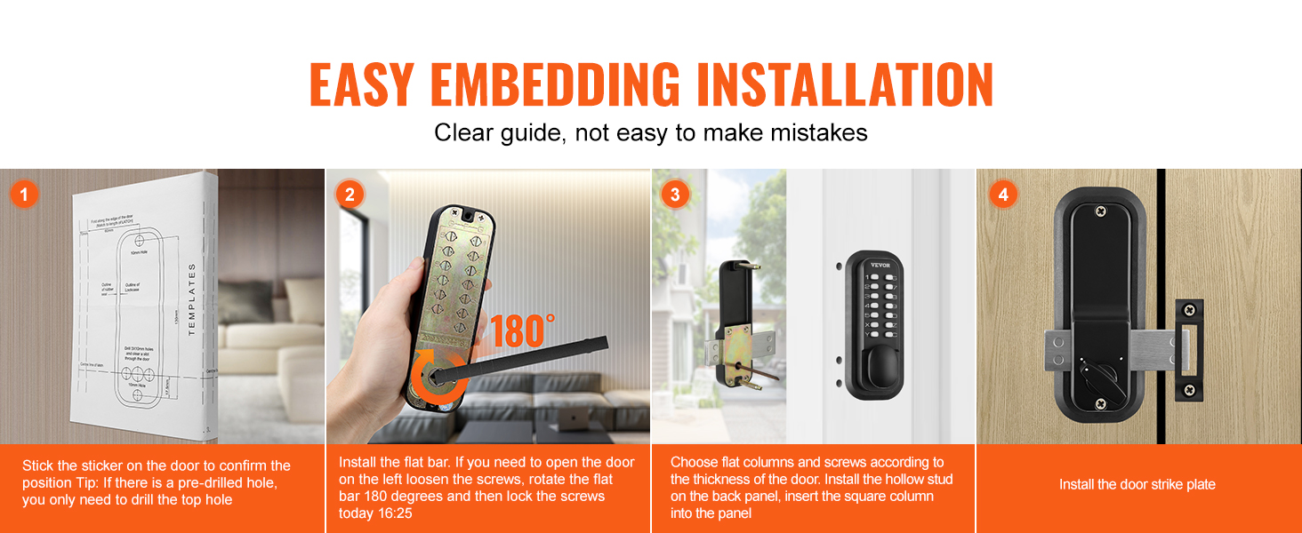 easy installation steps for VEVOR mechanical keyless entry door lock with template, screws, flat bar.