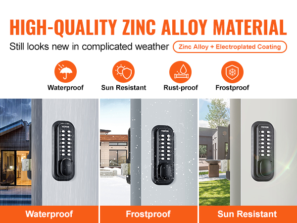 VEVOR mechanical keyless entry door lock, waterproof, frostproof, sun-resistant, and rust-proof.