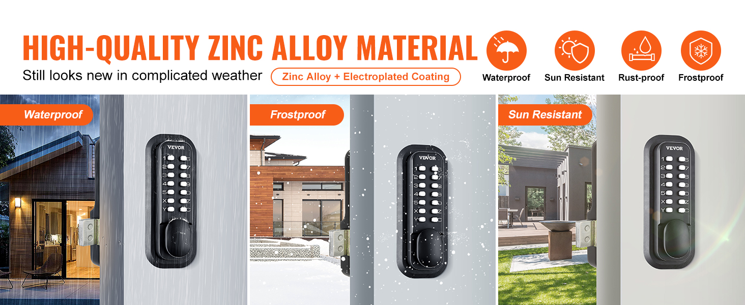 VEVOR mechanical keyless entry door lock, waterproof, frostproof, sun-resistant, and rust-proof.