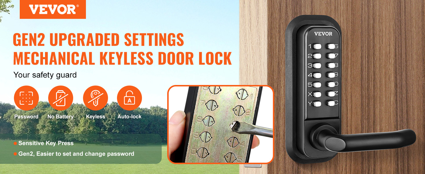 VEVOR keyless entry door lock gen2 features secure password access, no battery, auto-lock.