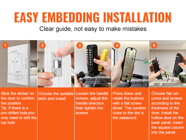 VEVOR keyless entry door lock installation steps: position, latch, screws, button setup, and final assembly.