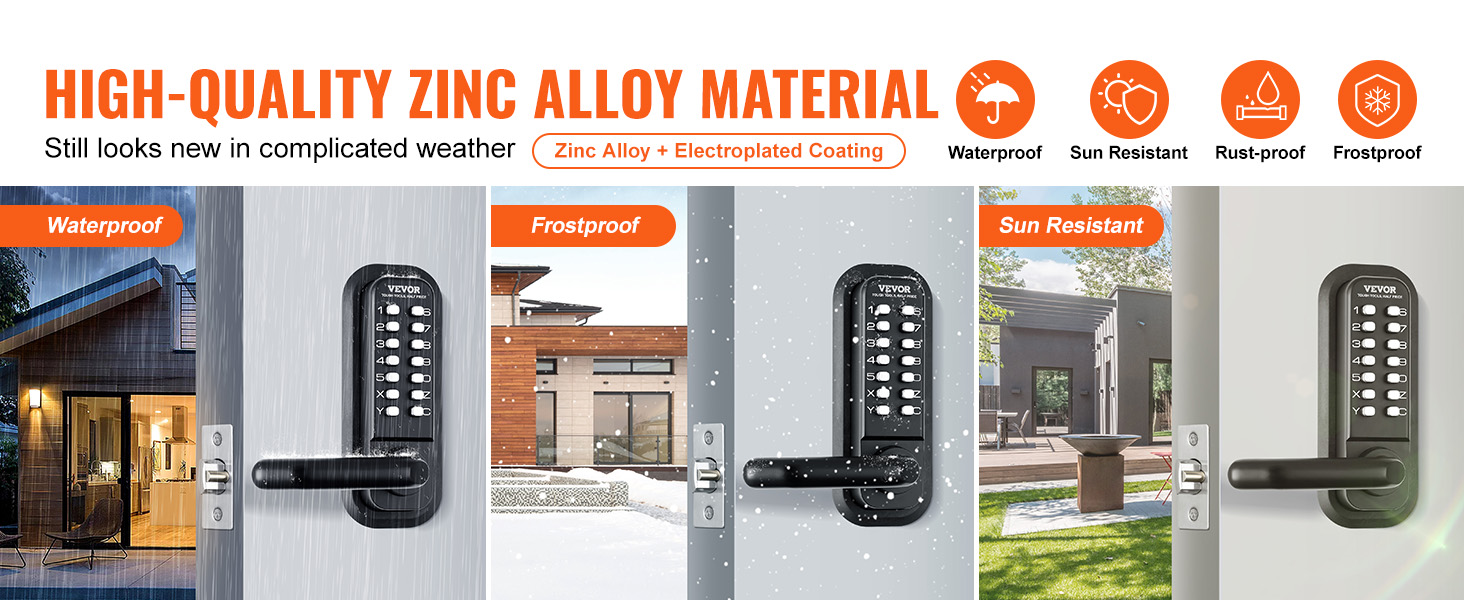 VEVOR keyless entry door lock in various weather conditions: waterproof, frostproof, sun resistant.