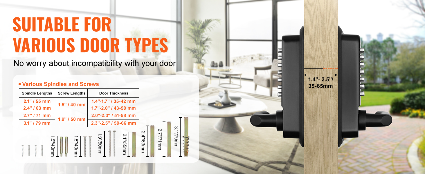 VEVOR keyless entry door lock with various spindle and screw sizes, suitable for multiple door types.