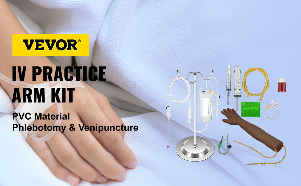 VEVOR phlebotomy practice kit including iv arm and medical accessories on a blue background.
