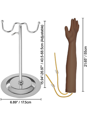 VEVOR phlebotomy practice kit with adjustable stand and arm model, dimensions displayed.