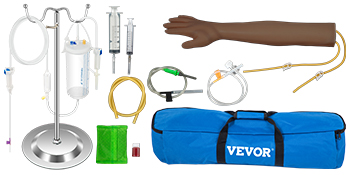 VEVOR phlebotomy practice kit with arm, syringes, tubes, and blue carrying case.
