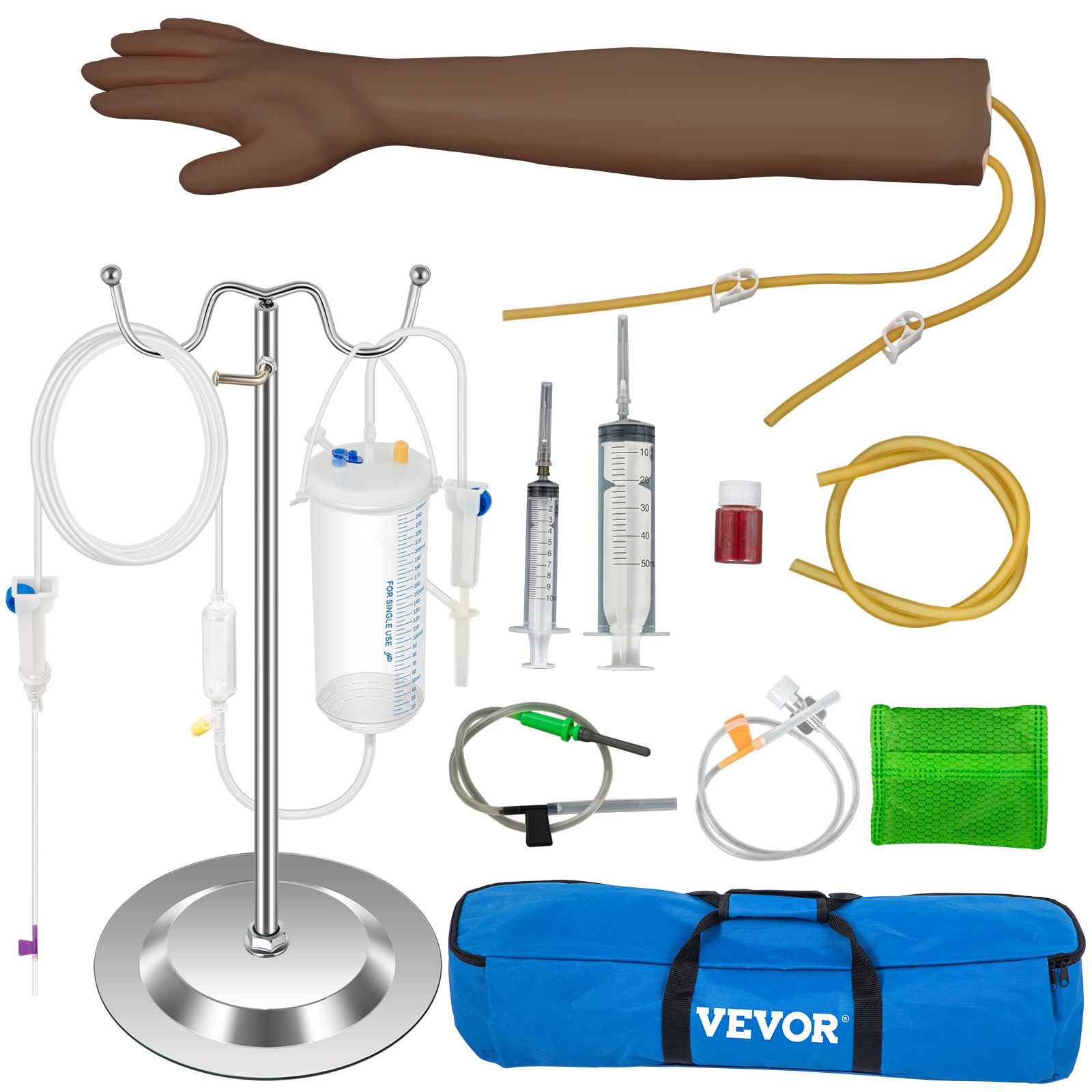 VEVOR phlebotomy practice kit with arm, syringes, iv stand, tubing, and blue bag.