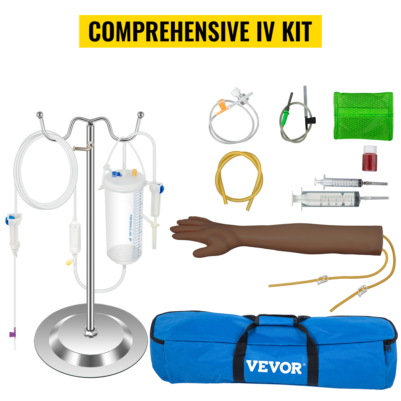 VEVOR phlebotomy practice kit with arm, syringes, iv stand, and storage bag.