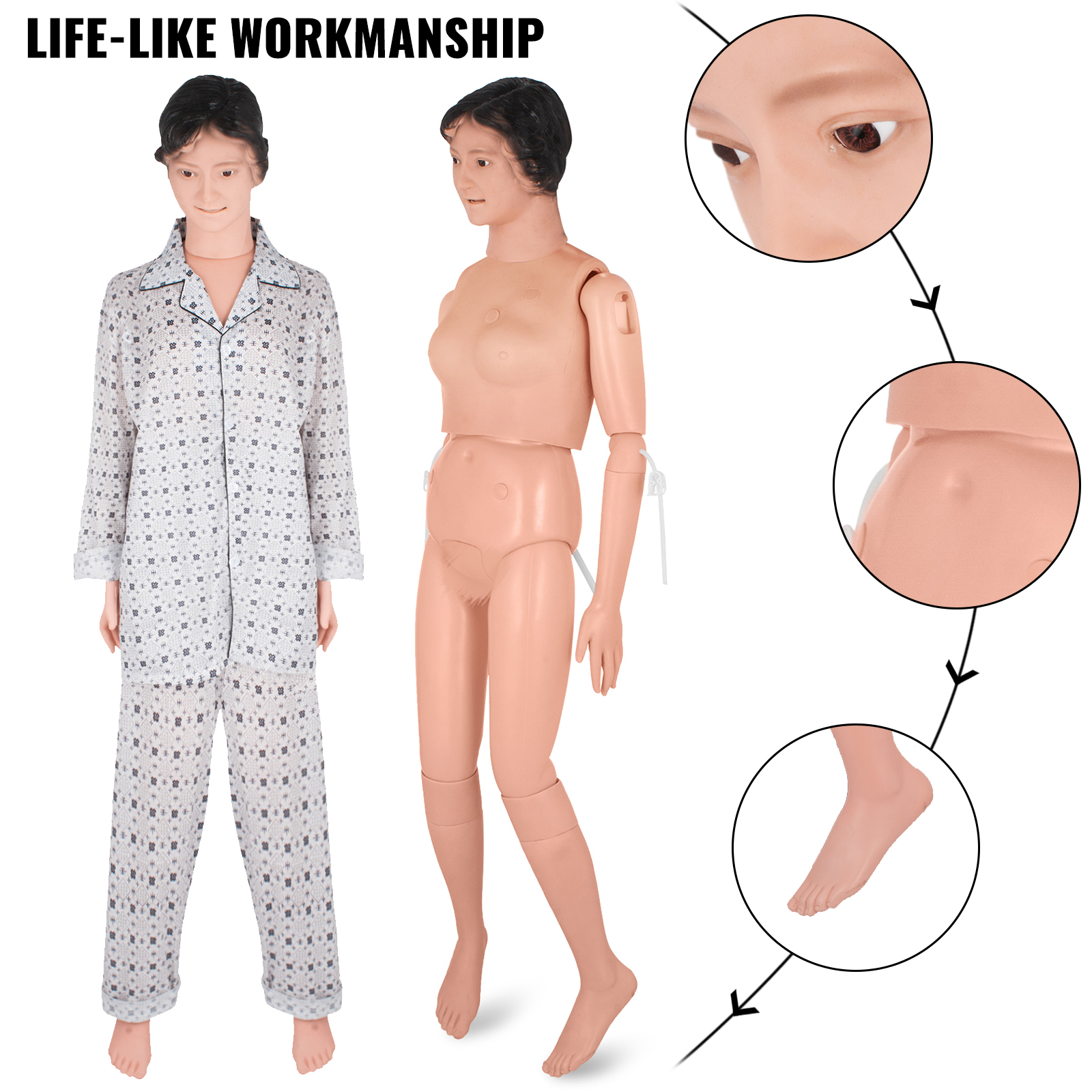 reālistisks VEVOR medicīniskās apmācības manekens ar pidžamu un anatomiskām detaļām.