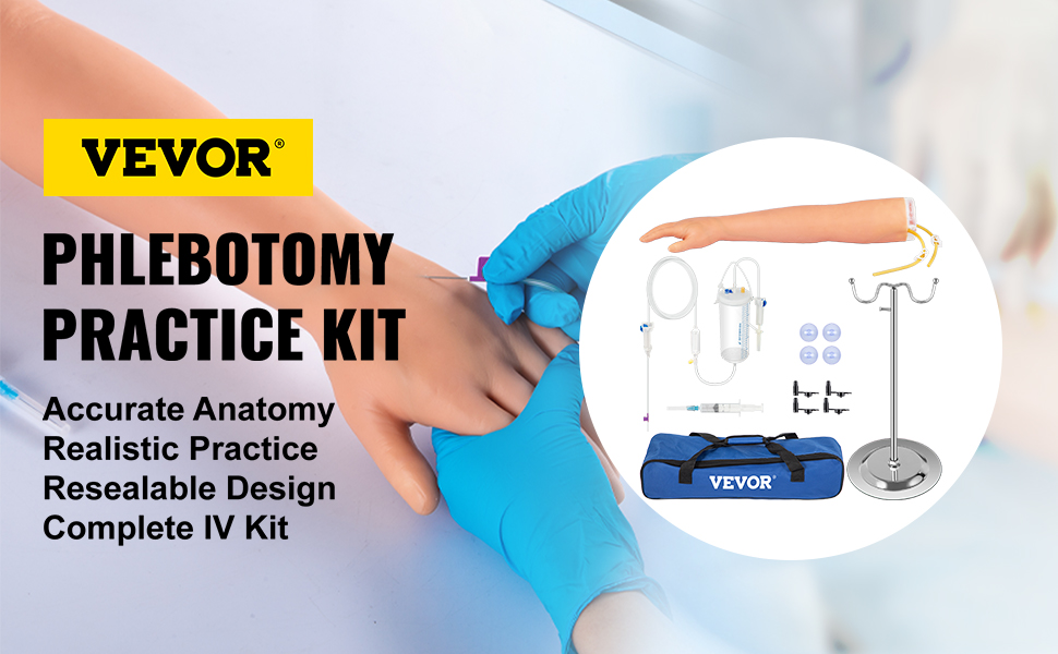 VEVOR phlebotomy practice kit with human arm model, iv stand, and carrying bag for realistic training.