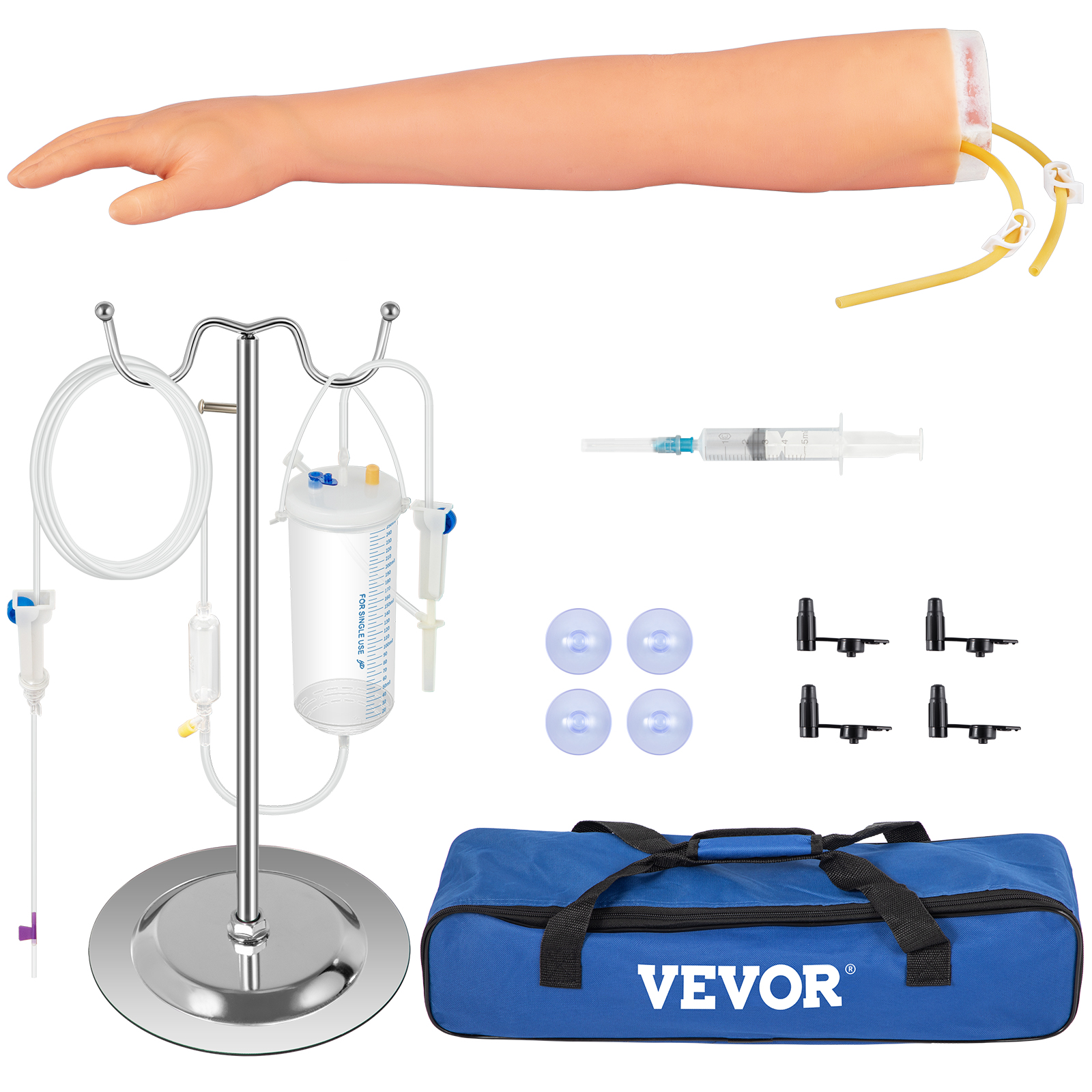 VEVOR phlebotomy practice kit with arm, iv stand, syringe, tubing, balls, and blue carrying bag.