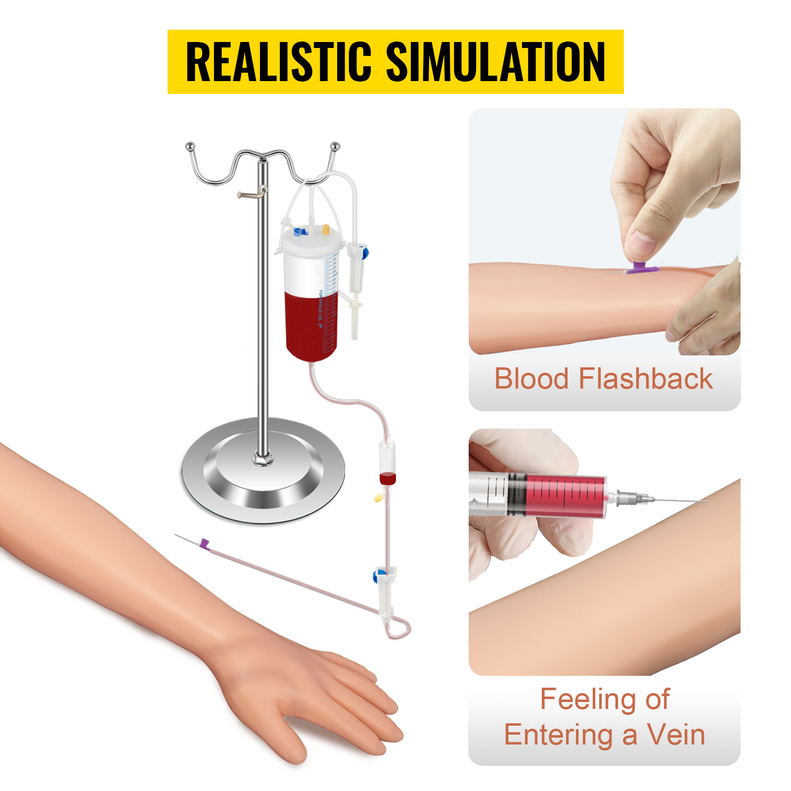 VEVOR phlebotomy practice kit displaying realistic simulation with blood flashback and vein entry.