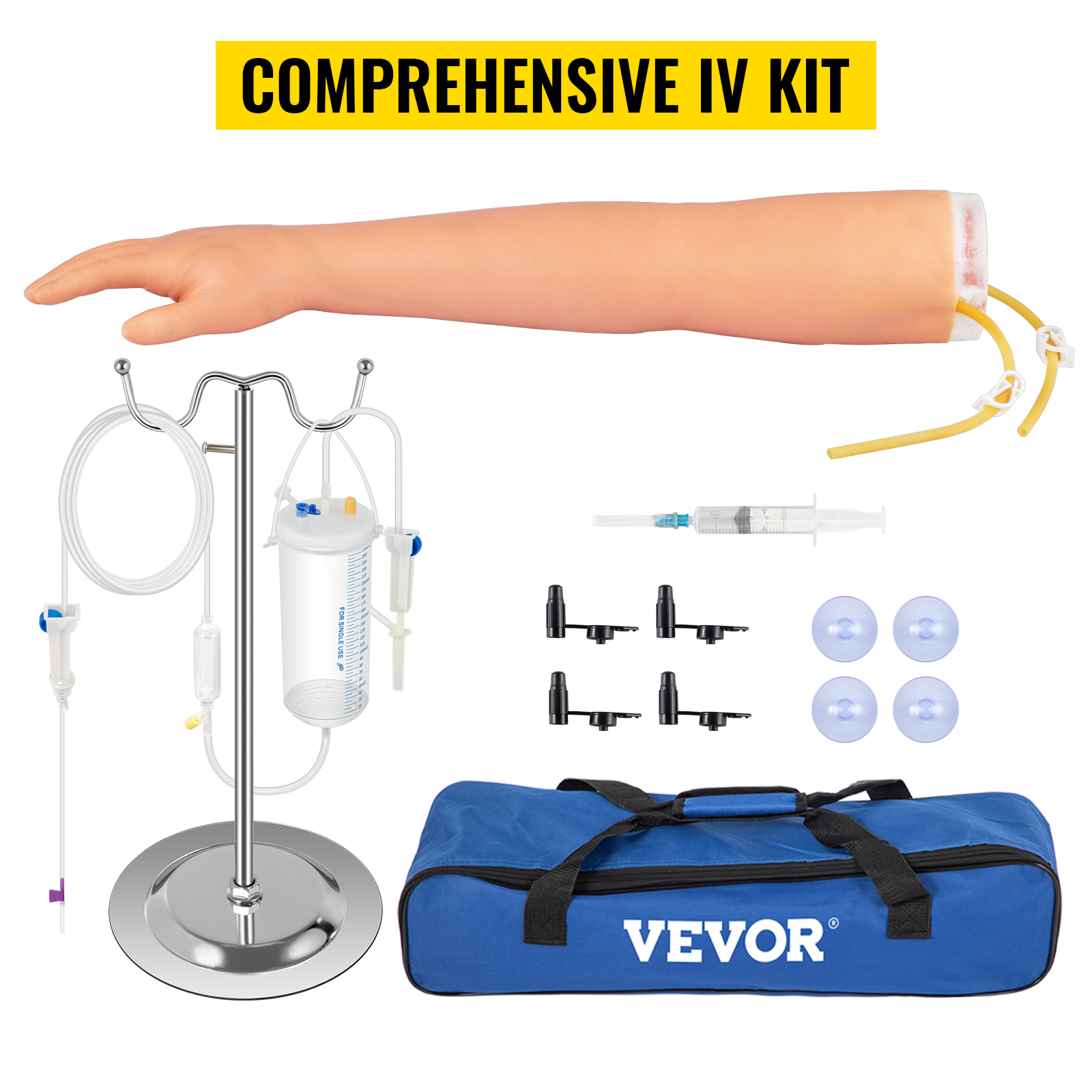 VEVOR phlebotomy practice kit with iv arm, stand, syringe, connectors, suction cups, and blue bag.