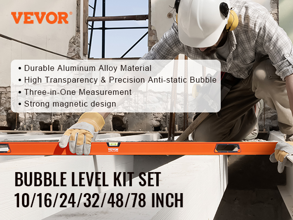 worker using VEVOR magnetic torpedo level in a construction site with tool features listed.