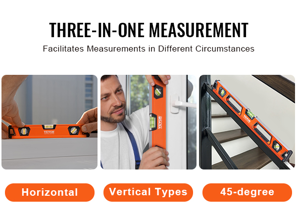 three-in-one VEVOR magnetic torpedo level for horizontal, vertical, and 45-degree measurements.