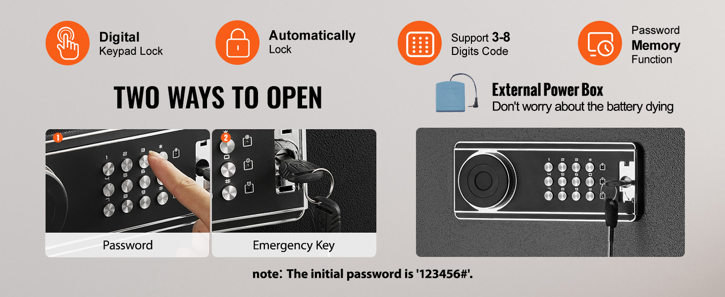 VEVOR gun safe digital keypad lock with password, emergency key, and external power box options.